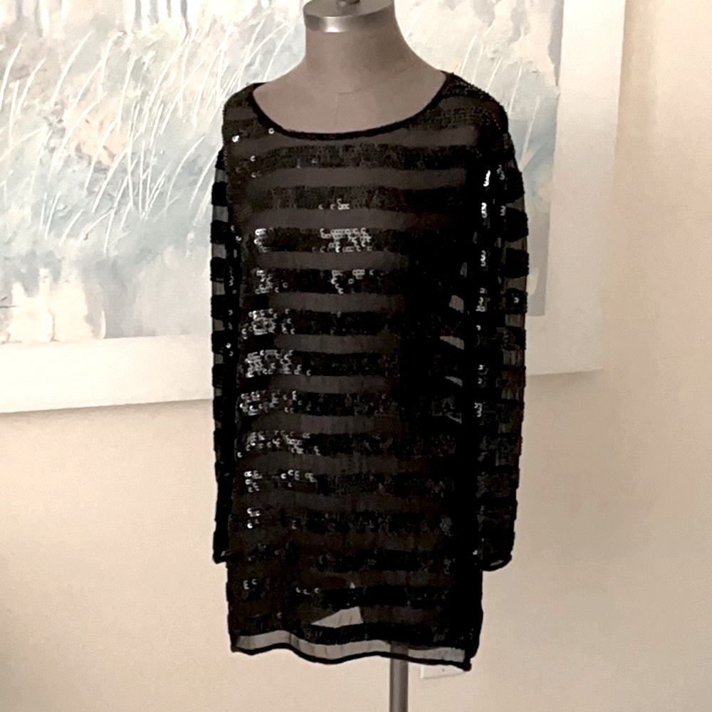Black Sequin Striped Tunic Top by Della Roufogali